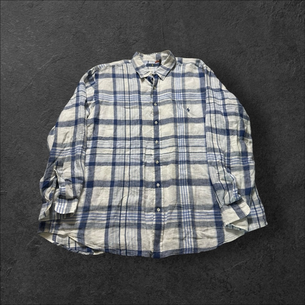 ralph lauren linen shirt men’s 2XB blue white striped short sleeve preppy